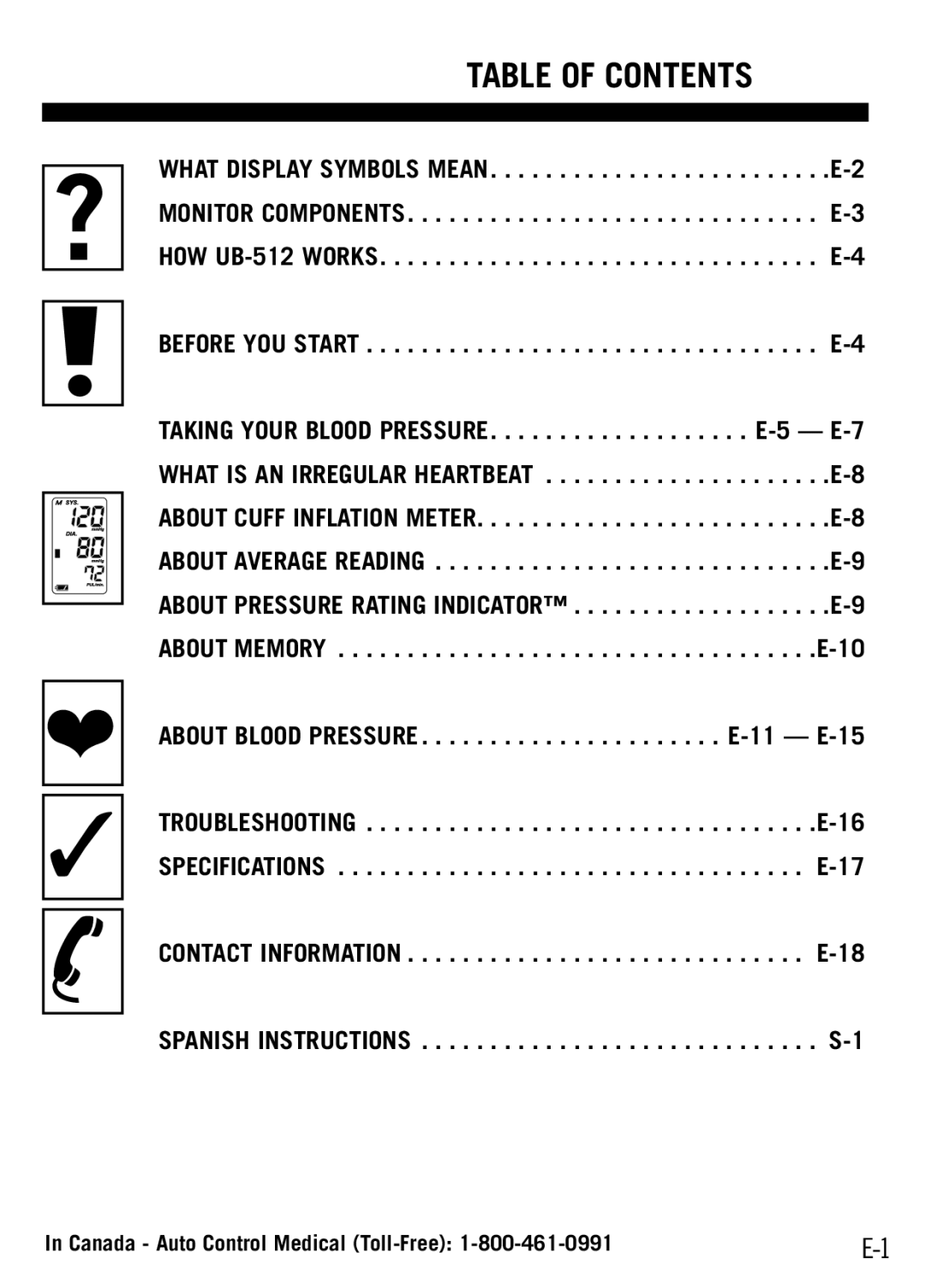 A&D UB-512 manual Table Of Contents 